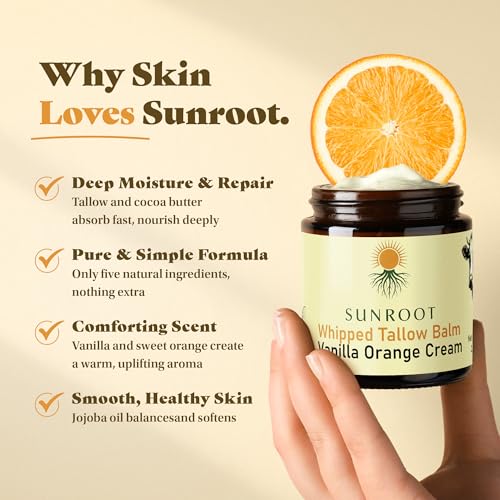 Whipped Tallow Balm, Vanilla Orange Cream Moisturizer, Natural Ingredients, Glass Jar, 2.85 oz, Face and Body Care