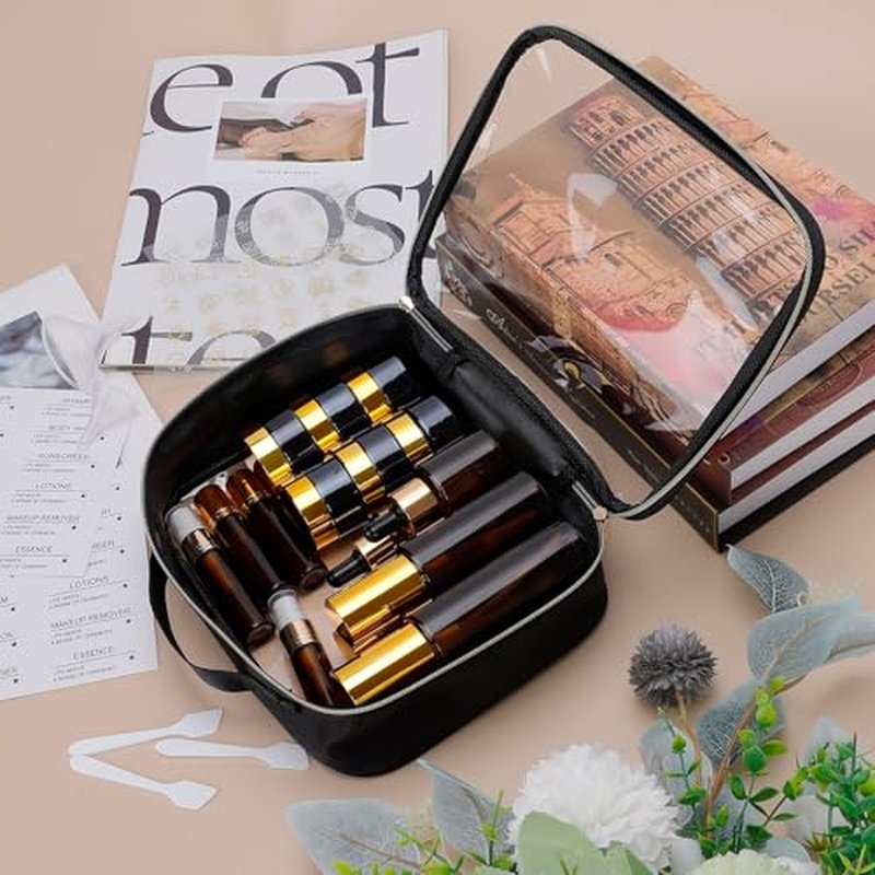 26 Pack TSA Approved Glass Travel Skincare Containers, 2/1.7/1.35/0.7/0.5/0.3oz Refillable Traveling Size Containers with Pump, Jars & Essential Oil Bottle, Leak-Proof for Creams & Liquids