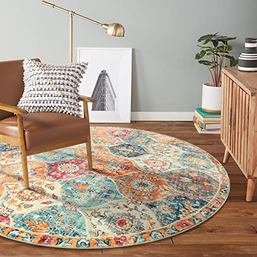 6ft Round Moroccan Washable Area Rug - Burnt Orange & Teal Multi - Soft Faux Wool, Low-Pile, Non-Slip Backing