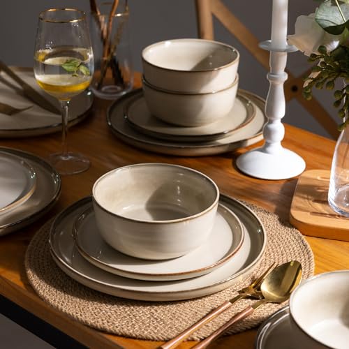 GBHOME Ceramic Dinnerware Set for 4 - Cappuccino, 12 Pieces Includes Plates & Bowls