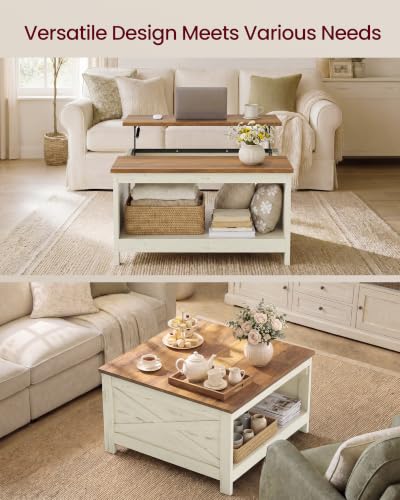 VASAGLE Lift-Top Square Coffee Table with Storage, Rustic White