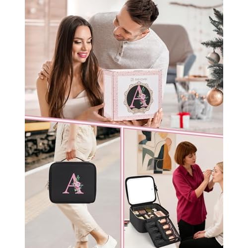 Relavel Initial Makeup Bag with LED Mirror for Women, Personalized Travel Cosmetic Organizer Train Case, Birthday Gifts for Teens Girls Grandkids Graduation Teacher Friends, Trendy Stuff, Black A