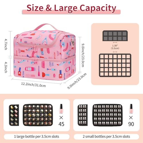 Nail Polish Organizer Case - Holds 45-90 Bottles & UV Nail Lamp, Nail Tech Organizers And Storage Bag for Nail Supplies & Manicure Kit & Pedicure Tools, Nail Technician Case (Cartoon Pink, 45 Slots)