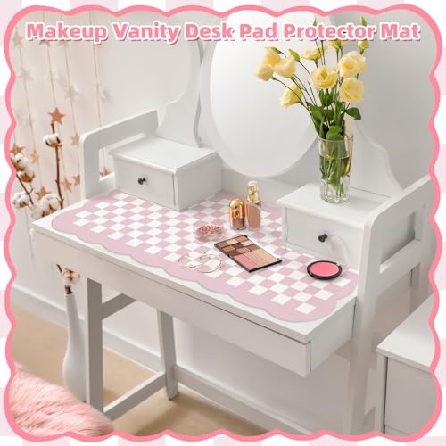 Nuanchu Pink Checkered Make up Mat, Pastel Vanity Makeup Pad Dual Sided Make up Mat for Vanity Easy to Clean Makeup Pad Waterproof and Oilproof(Scalloped)