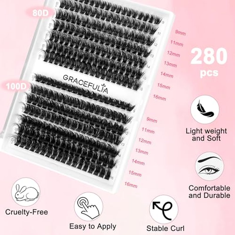 Fluffy Lash Clusters 80D+100D, DIY Eyelash Extension Kit with Glue and Tweezer, 9-16mm D Curl Wispy Flat Lash Clusters, 280pcs Individual Lashes