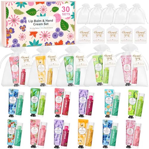 Bulk Lip Balm & Hand Cream Gift Set with Organza Bags - 30pcs for Women