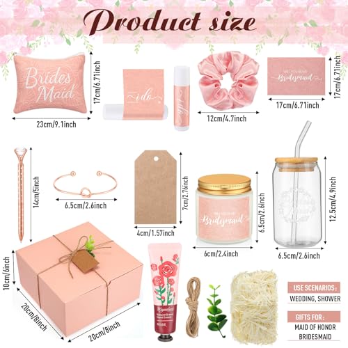 Meanplan 14 Pcs Bridesmaid Proposal Gifts Set, Will You Be My Bridesmaid Gifts with Proposal Box Glass Cup Makeup Bag Cards Lip Balm Hand Cream Candle Scrunchie Bracelet Diamond Pen for Wedding(Pink)