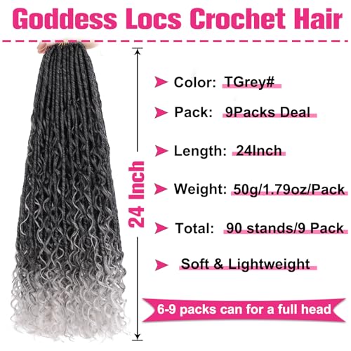 24 Inch Goddess Locs Crochet Hair - Boho Faux Locs with Curl End, Ombre Grey, Pre-Looped, 9 PCS