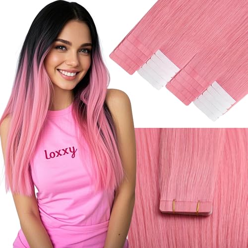 Hair Extensions Tape in Human Hair 14 Inch Pink 10 Pcs 25g - Silky Soft & Reusable