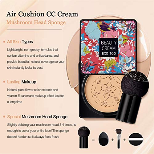 Mushroom Head Air Cushion CC Cream Foundation, Moisturizing BB Cream, Long Lasting Matte Concealer with Mushroom Head Sponges