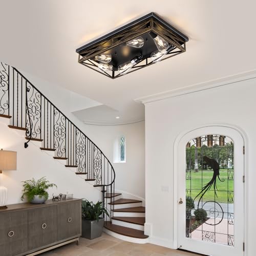 Rustic Black Farmhouse Ceiling Light - 23 Inch 6-Light Metal Cage Fixture, Flush Mount, E26 Base