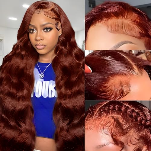 28 Inch Reddish Brown Lace Front Wig Human Hair 200% Density Body Wave HD Lace - Wigs-1