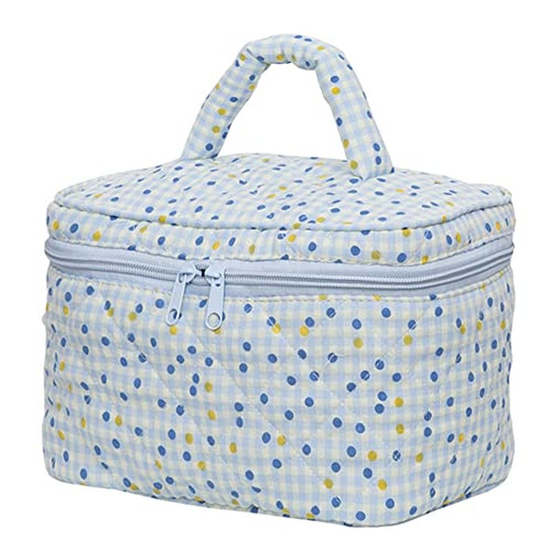 Cotton Makeup Bag Large Travel Cosmetic Bag Quilted Cosmetic Pouch Coquette Aesthetic Floral Toiletry Bag Small Cute Travel Cosmetic Bags for Women Girls (Dots Blue)