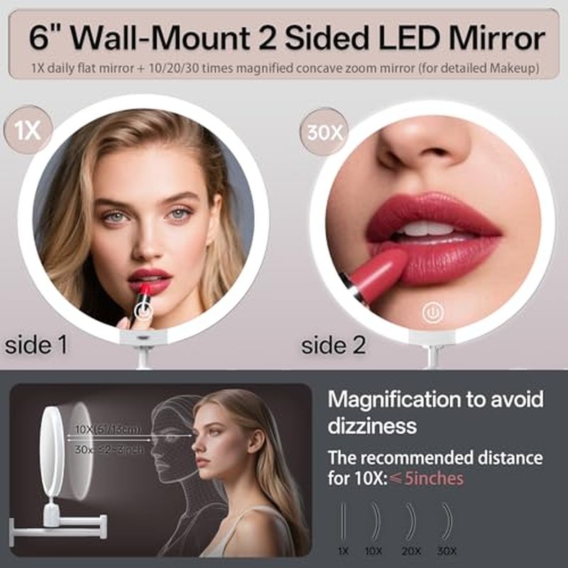 6" Led Wall Mounted Makeup Mirror Double Sided 1/10X, 1-Second Install Lightweight Compact Wall Mirror with Light, Rechargeable Extendable Magnifying Mirror for Bathroom, Wall Vanity Mirrors (1+10X)