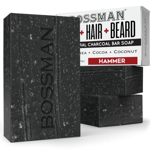 Bossman 4-in-1 Charcoal Bar Soap for Men - Hammer 3 Pack (4 oz Each) - Hydrating Beard Hair Skin
