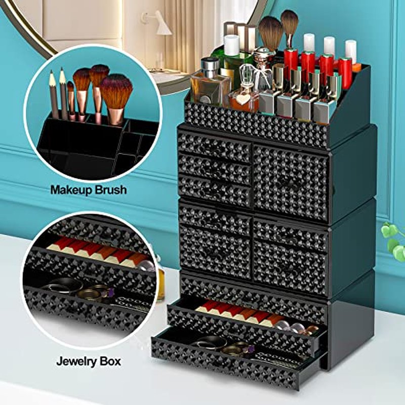 Awenia 4 Pack Stackable Makeup Organizer[Upgraded],Acrylic Cosmetics Storage Cases with 11 Drawers Perfume Organizers For Brush Holder or Jewelry Display,Plus Size(Black)