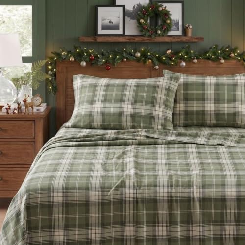 Queen Fitted Sheet Set with Pillowcases - Heartland Plaid Green - Eddie Bauer