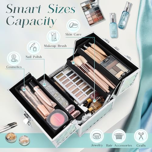 FRENESSA Shiny Blue Makeup Train Case Portable Organizer with Lock | 4-Tier Cantilever Cosmetic Box