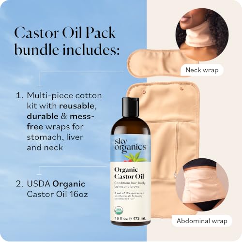 Organic Castor Oil Pack Wrap Set 16oz Reusable Body Wraps for Pain & Skin Care - Includes 2 Adjustable Oilproof Wraps & Wipes - Natural Healing