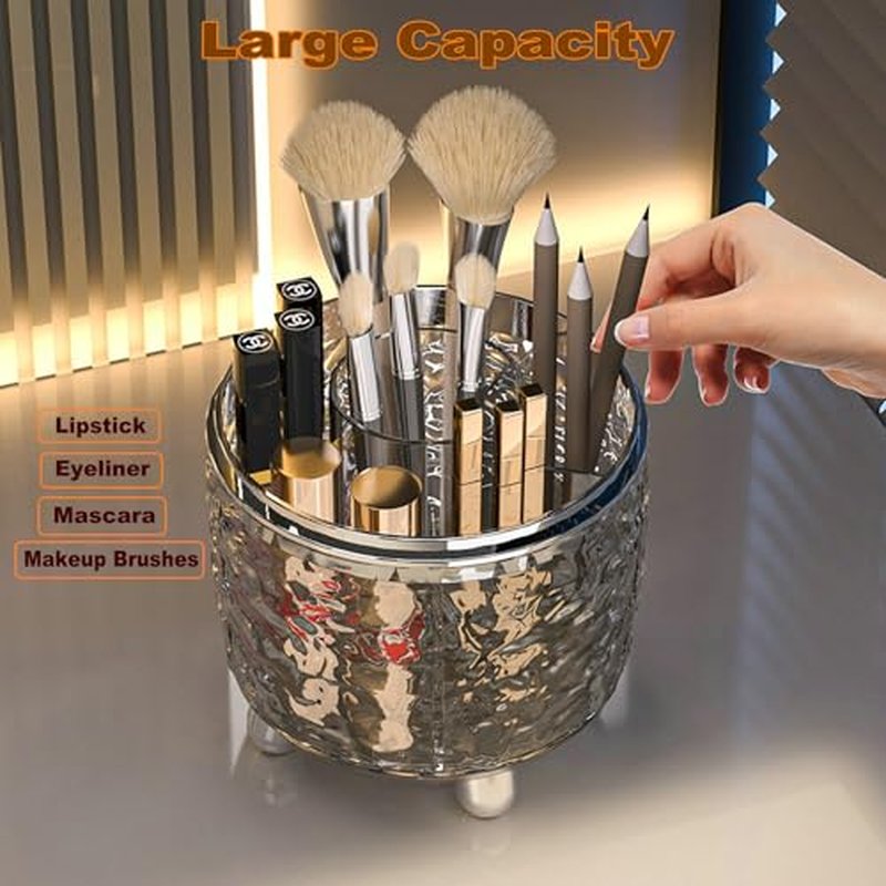 360 Rotating Makeup Brush Holder with Lid Dustproof Spinning Brush Storage for Bathroom Countertop, Cosmetic Tools Organizer with Cover for Vanity (Clear)