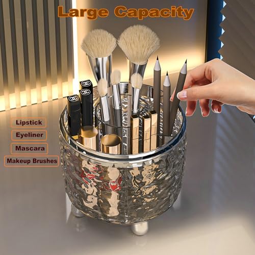 CHIRISEN Gray 360° Rotating Makeup Brush Holder with Lid - Dustproof Cosmetic Organizer