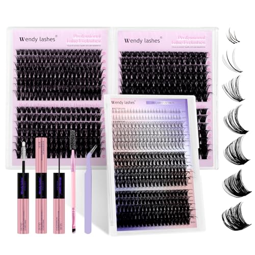 Wendy Lash Clusters Kit With Bottom Lashes 40D+50D+60D+80D+100D+150D 880-Pcs Fluffy Eyelash Clusters D Curl Lashes Extension Soft Eyelash Extension Kit Wispy Natural DIY at Home