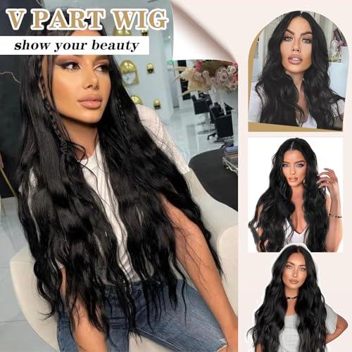 Looxey Black Curly V Part Wig 24 Inch Synthetic Half Wig for Black Women