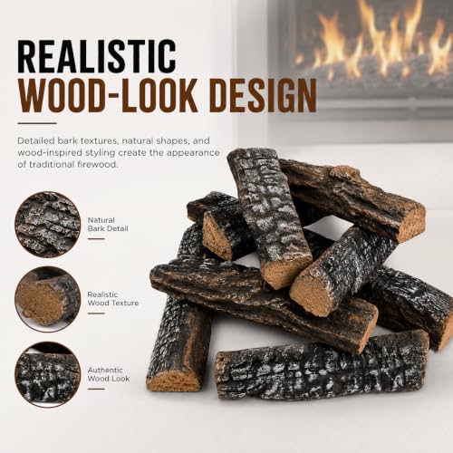 Barton Realistic Style 10-Piece Ceramic Gas Fireplace Log Set - Indoor & Outdoor Vented Fireplaces