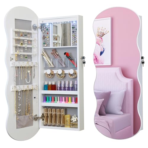 Whitebeach 42.5x17.3in LED Jewelry Armoire Cabinet Wall/Door Mount, Lockable Mirror Organizer