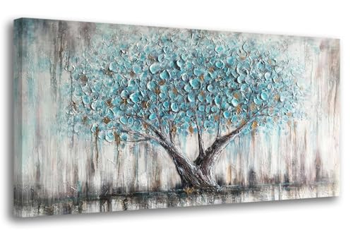 Blue Tree Wall Art Canvas - 48x24-Inch Tree of Life Nature Painting, Textured Modern Artwork - Bedroom & Living Room Decor Variation of THIS listing