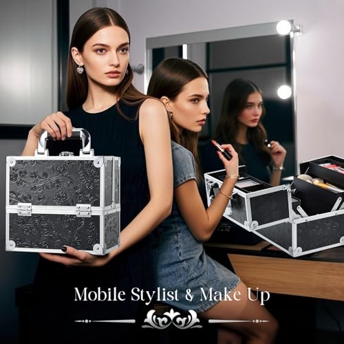 Black Floral Makeup Train Case with 4 Trays & Lockable Storage - Portable Organizer for Beauty Tools