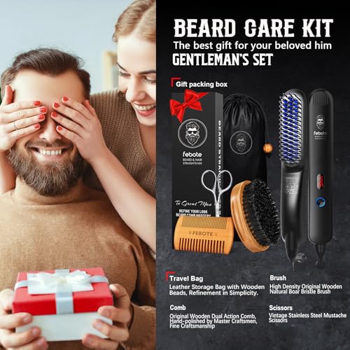 Men's Beard & Hair Straightener Kit with Natural Boar Bristle Brush, Pear Wood Comb & Travel Bag