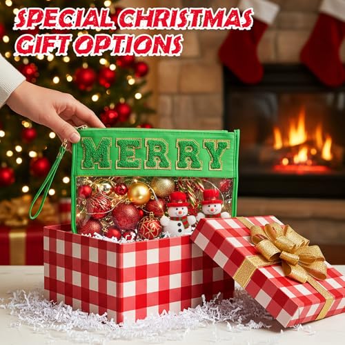 6 Pcs Christmas Gifts Red Green Chenille Letter Bags Xmas Nylon Clear Cosmetic Bags Toiletry Zipper Pouch Merry Makeup Travel Purse for Women Christmas Party Holiday Favor