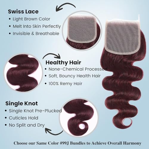 99J Burgundy Body Wave Lace Closure 12 Inch Human Hair - Free Part, Virgin Remy
