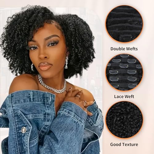 MAHKOTAKU 20 Inch Natural Black Kinky Curly Clip-In Hair Extensions 8Pcs 120g for Black Women - Variant 1B