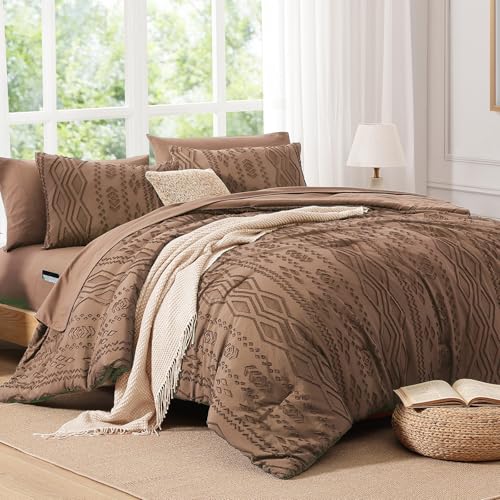 King Size Brown Tufted Boho Comforter Set - 7 Pieces, Farmhouse Style