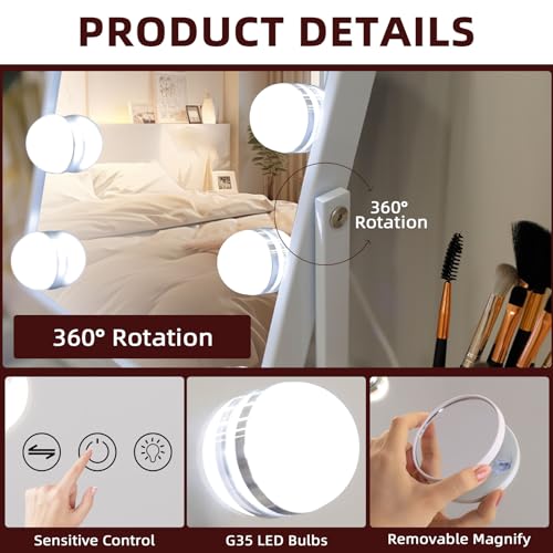 VANITII Vanity Mirror with Lights Hollywood Lighted Makeup Mirror with 9 Dimmable Bulbs Smart Touch Control 3 Colors Light for Bedroom, Detachable 10X Magnification, 360¡ÆRotation