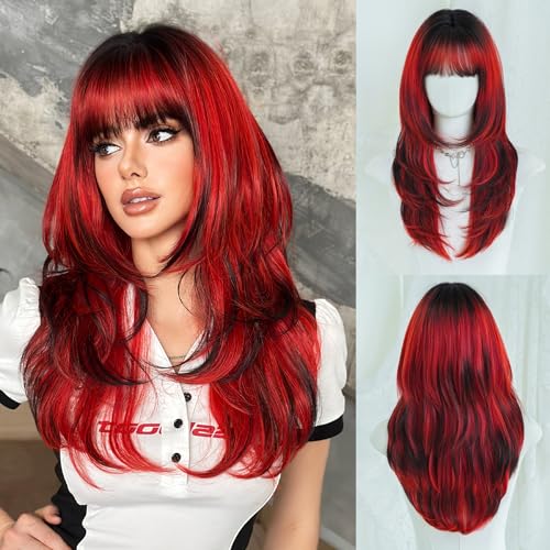 Cherry Red Ombre Black Layered Tail Wig 24 Inch with Dark Roots - Heat-Resistant Synthetic Fiber, Cosplay & Daily Wear