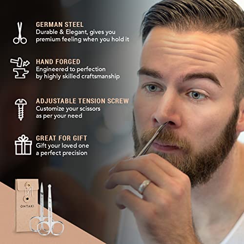 ONTAKI 3 Scissors pack - 1 German Beard & Mustache Scissors With Comb - 2 Facial Grooming Nose Hair Scissors - (1 Curved Blade Tip & 1 Safety Blunt Rounded Tip)