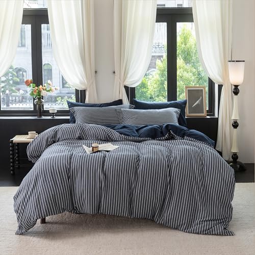 Warm Moment Reversible Navy Blue & White Striped Queen Duvet Cover Set 90x90
