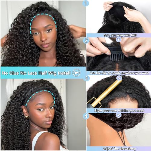 16 Inch Water Wave Half Wig Human Hair Glueless 3-in-1 Drawstring Headband Style for Black Women