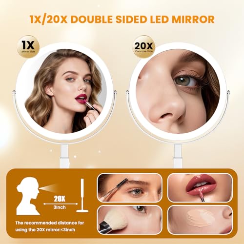 Bearolve 8-Inch Rechargeable LED Makeup Mirror with Lights, 20X Magnification, Adjustable Brightness & Height, Women Gift