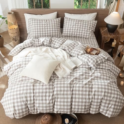 MooMee Buffalo Plaid Tannish Linen Grey King Duvet Cover Set, 3 Pieces