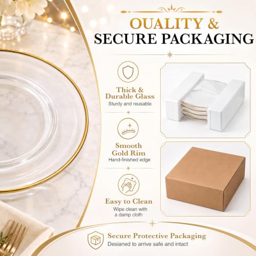 8-Pack 13 Inch Clear Glass Charger Plates with Gold Edge for Weddings & Dining