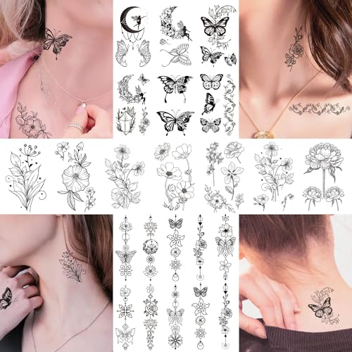 Cerlaza 100 Sheets Temporary Tattoos for Women Adult, 420 Mixed Styles Tiny Branch Fake Tattoo Stickers that Look Real and Last Long, Christmas Decoration Realistic Henna for Girl Body Art Sticker