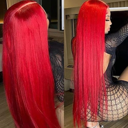 Missyvan Red Lace Front Wig 32 Inch Long Straight Synthetic Hair for Women
