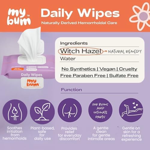Hemorrhoid Wipes with Witch Hazel ? Gentle & Soothing Cleansing Daily Wipes for Everyday, Cooling, Skin-Friendly - 50 Wipes