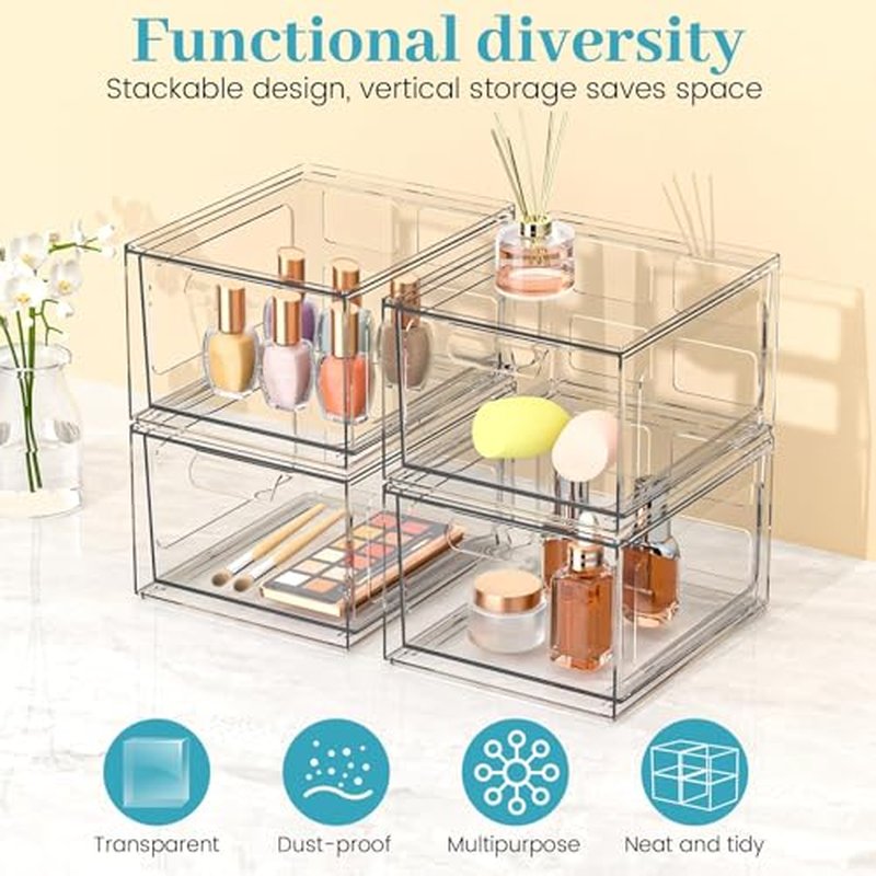 6 Pack Stackable Plastic Makeup Organizer Drawers, Acrylic Organizers, Clear Storage Bins with Pull-Out Handles for Vanity, Kitchen Cabinets, Pantry