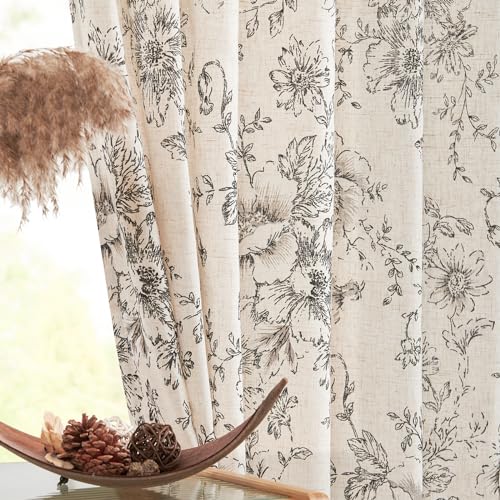 jinchan Black Floral Linen-Lined Curtains 50W x 108L, Pack of 2, Farmhouse Style