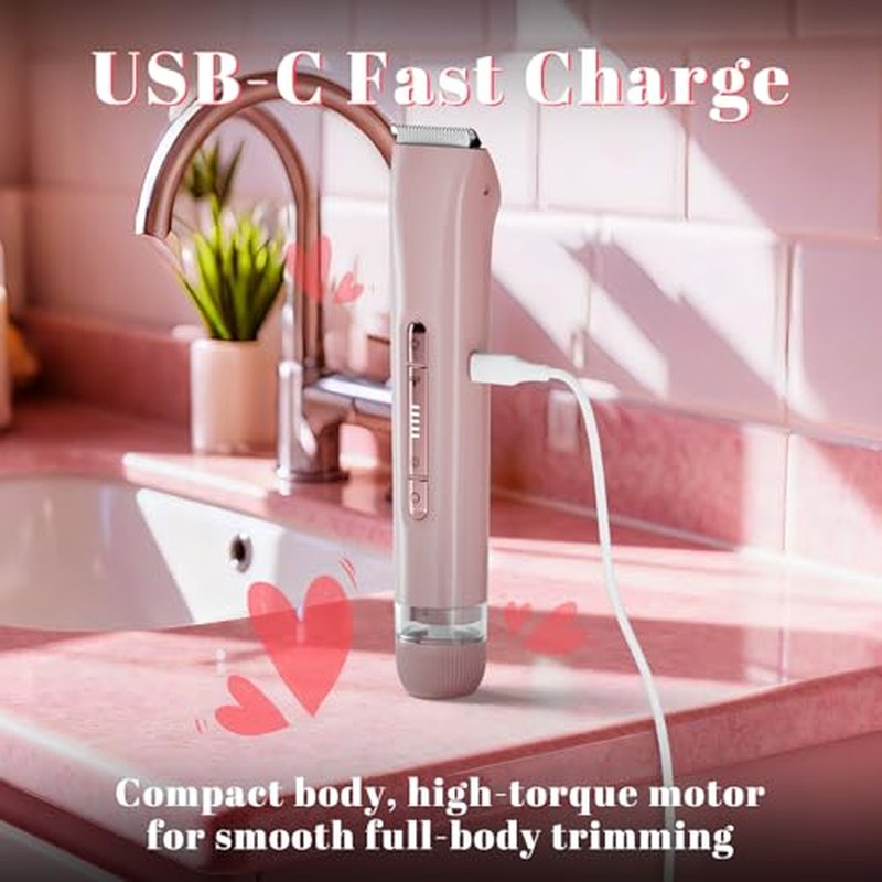 2-in-1 Bikini Trimmer for Women ? Dual-Head Electric Razor, IPX7 Waterproof Wet & Dry, Pubic Hair Trimmer & Body Shaver, LED Battery Bars, USB-C Rechargeable ? X6 Satin Rose Gold